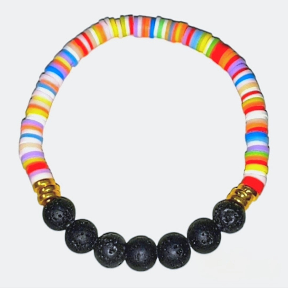 HANDMADE Aromatherapy Black Lava Rock Multicolor Beaded Unisex Stretch Bracelet